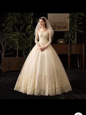 Ivory Lace Ball Gown Wedding Dress with Long Sleeves